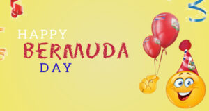 Pale Yellow Emoji With Balloon Happy Bermuda Day Facebook Cover & Phone Wallpaper